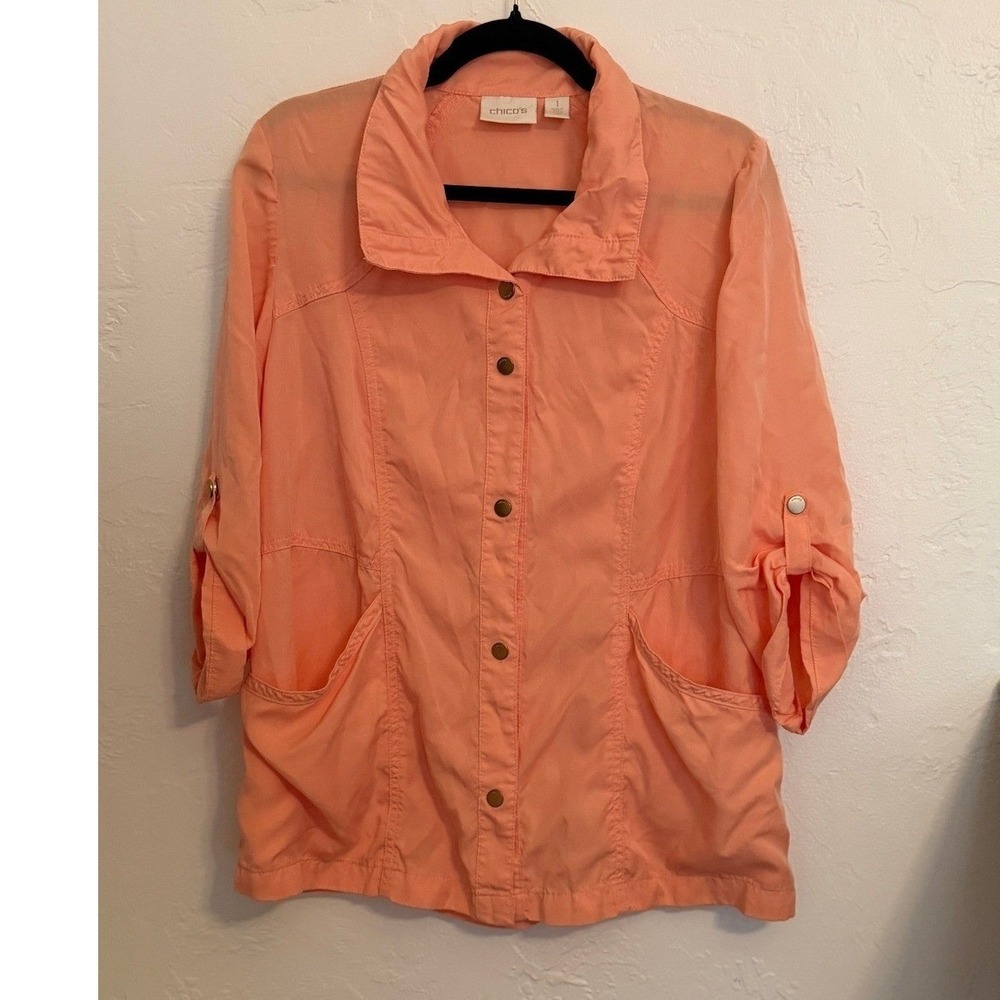 Chico's Jacket 1 Peach Lyocell Roll Tab Utility Shirt Jacket 1